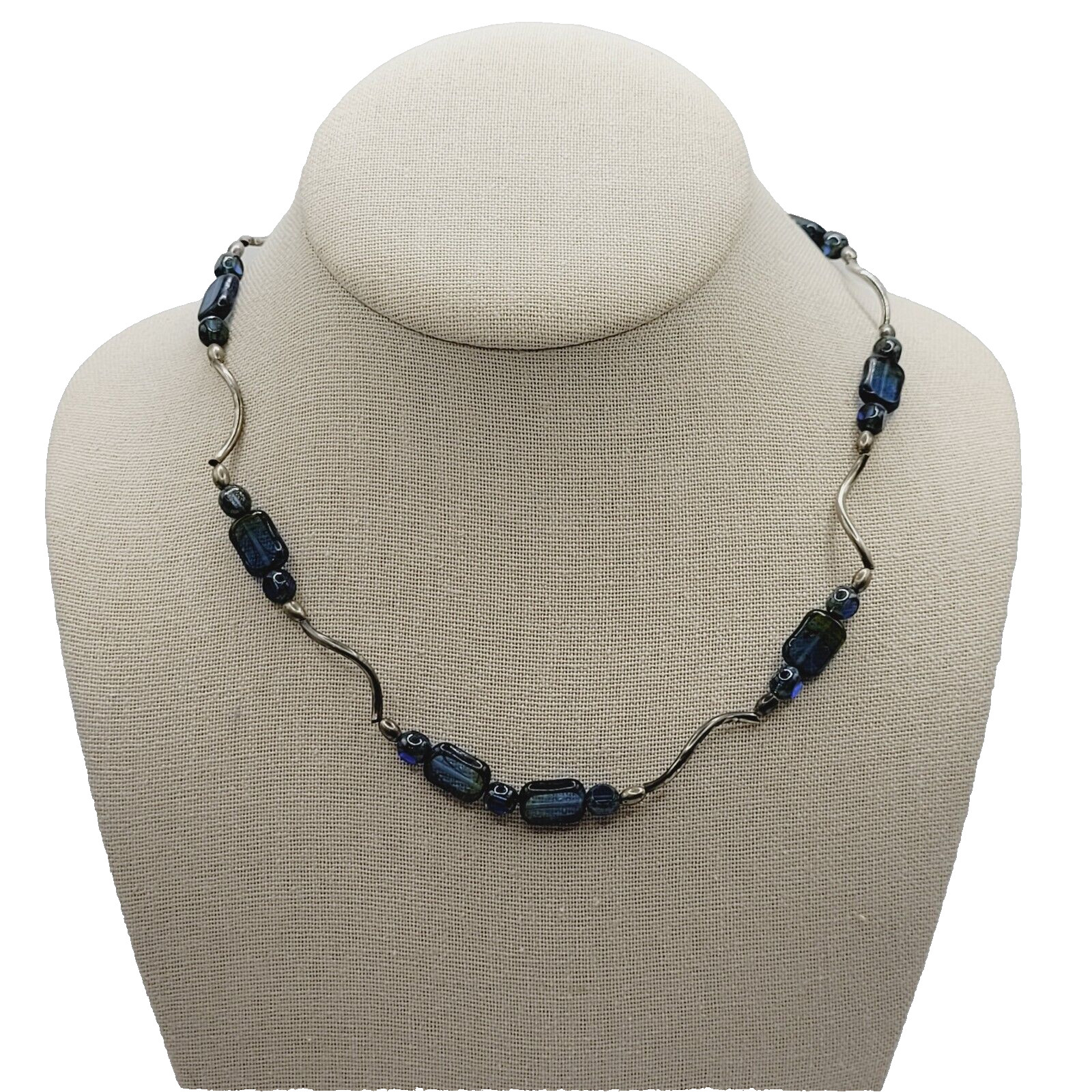 Vintage Blue Green Translucent Art Glass Necklace Wavy Silver Tone Alloy 18 in
