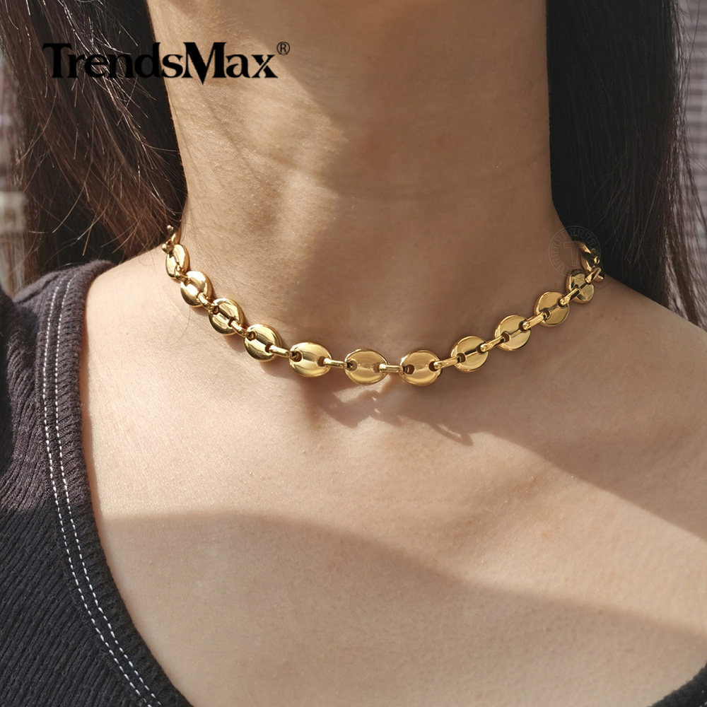 9mm Gold Plated Stainless Steel Coffee Beans Marina Link Chain Necklace 16″-24″