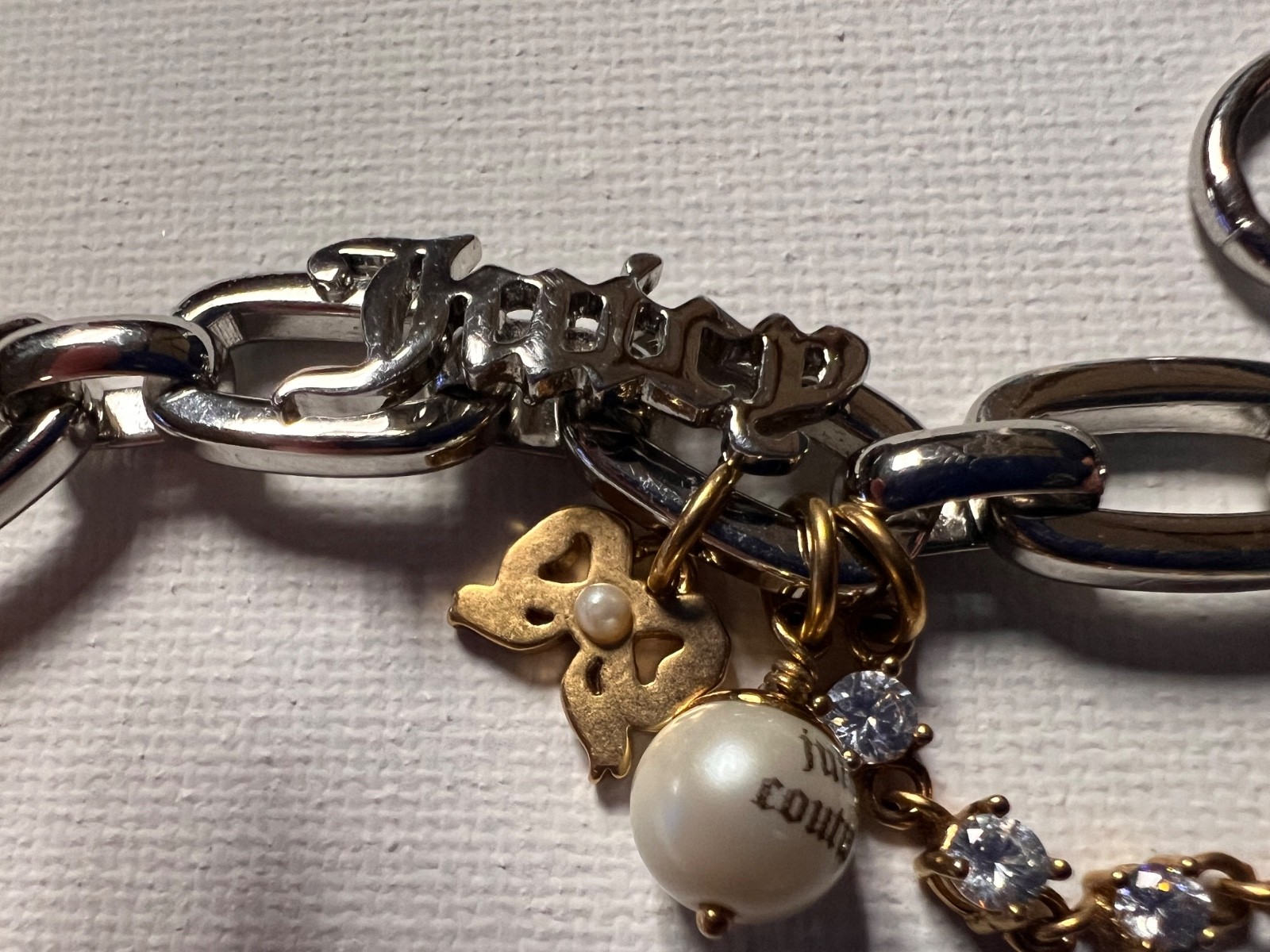 Y2K Juicy Couture LET THEM EAT COUTURE Heart Pearl Charm Bracelet Silver Tone