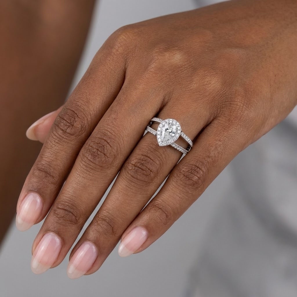 Side Stone Engagement Ring 18K Gold Halo 1.80 Carat Pear Lab-Grown Diamond E SI1