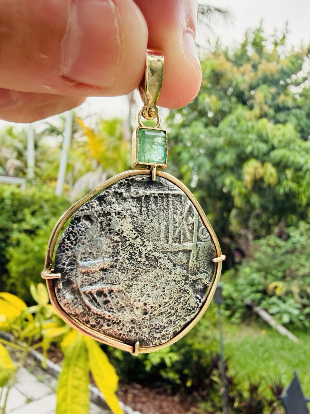 Authentic Atocha 8 Reales Pendant 14k Gold Bezel Emerald with COA Shipwreck Coin