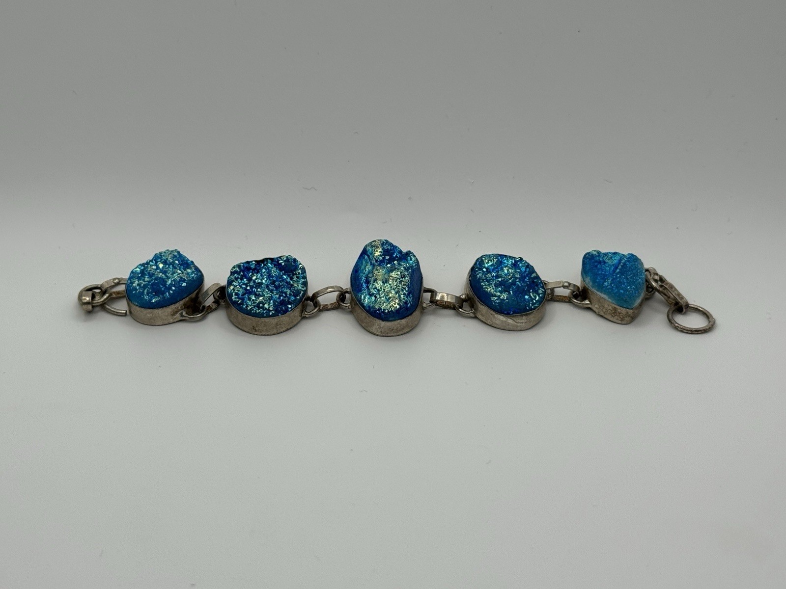 40g 925 Sterling Silver Blue Titanium Aura Druzy Statement Link Bracelet