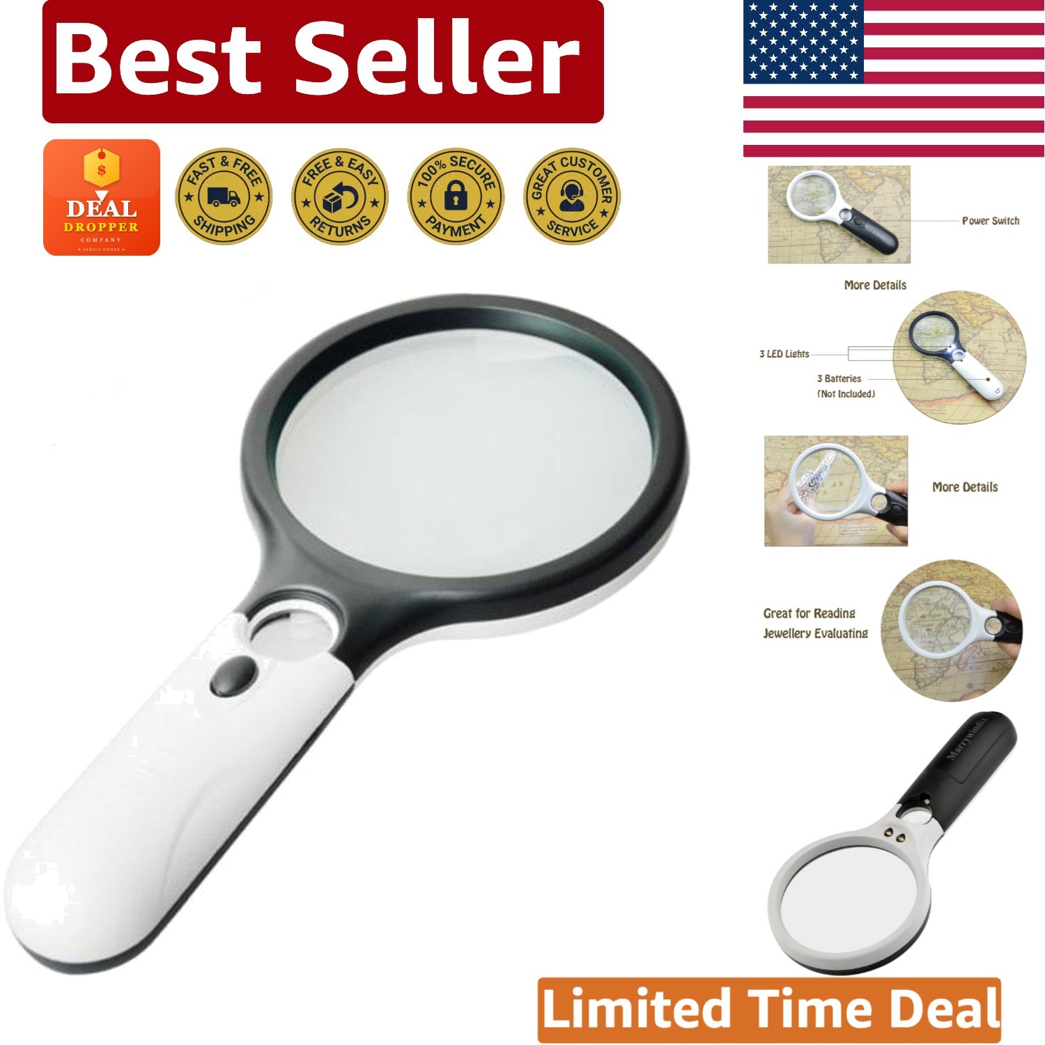 Luxurious 3X 45X Magnifying Glass with 3 LED Lighting – Portable & Ergonomic