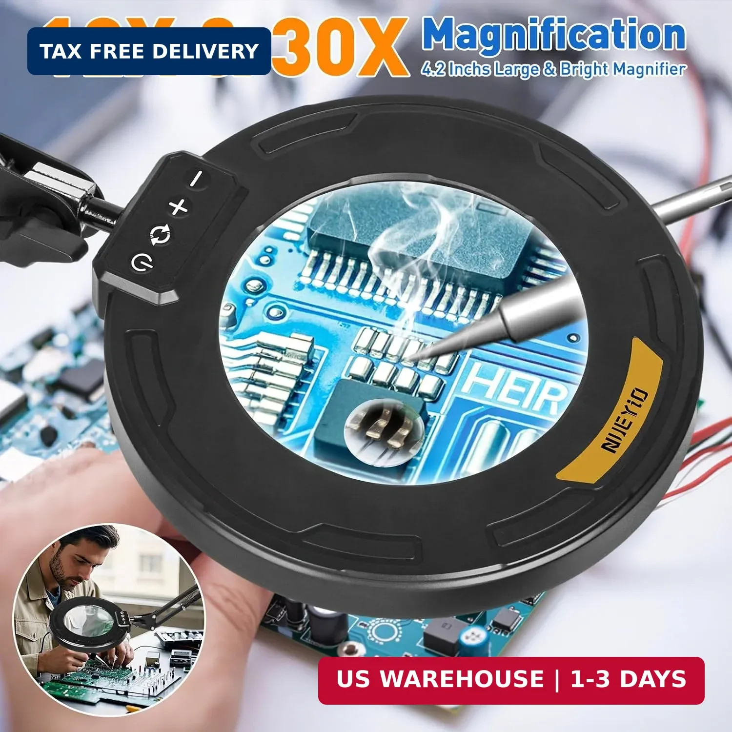 Ultra Long 3-Section Swing Arm 12X 30X Magnifying Glass with Light | 4-Way Large