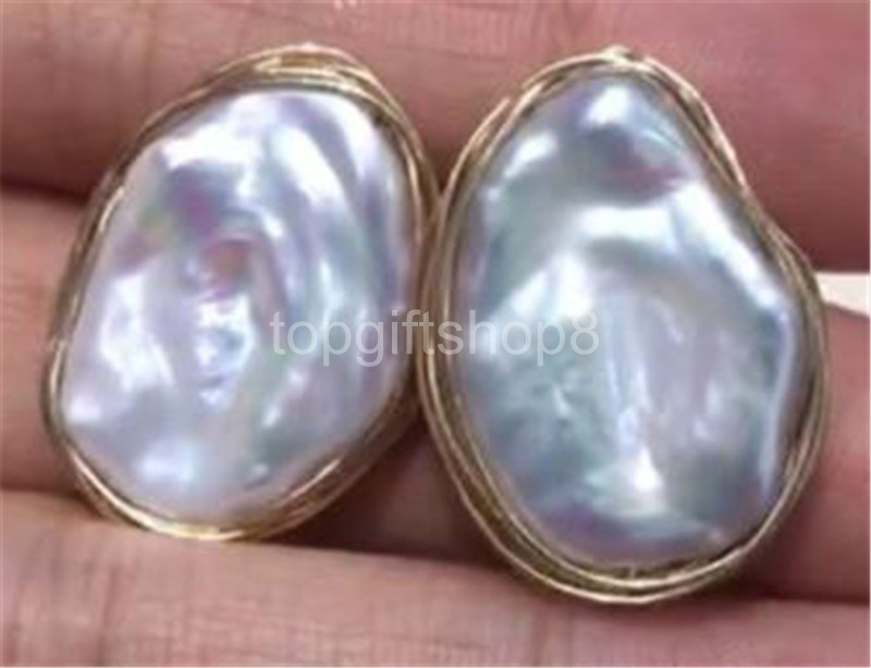 noble jewelry 15-20mm baroque kasumi White Pearl Stud Earrings 14k gold