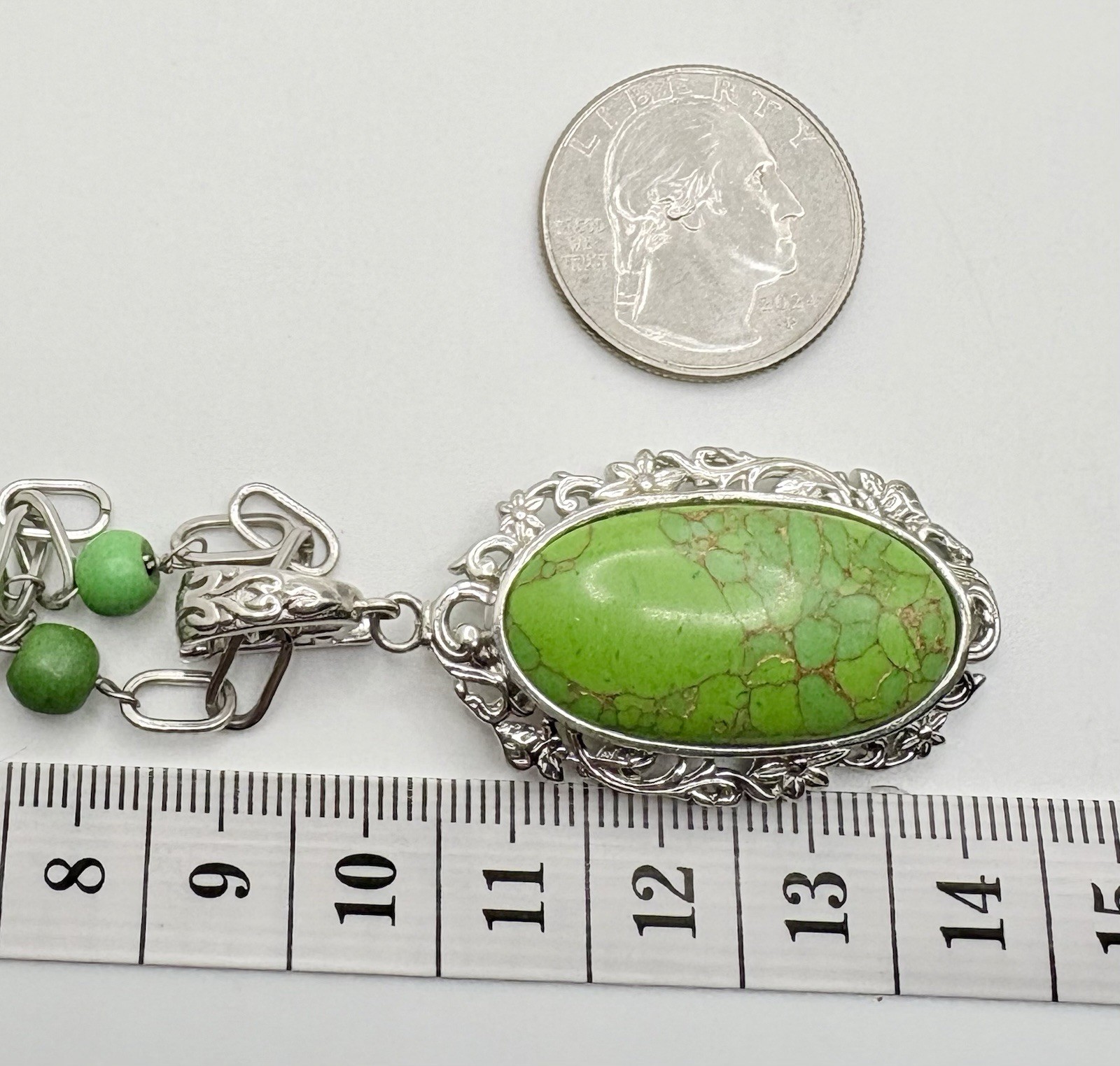 Mojave Green Turquoise Pendant Necklace Bead Station Paperclip Chain 18-20 in