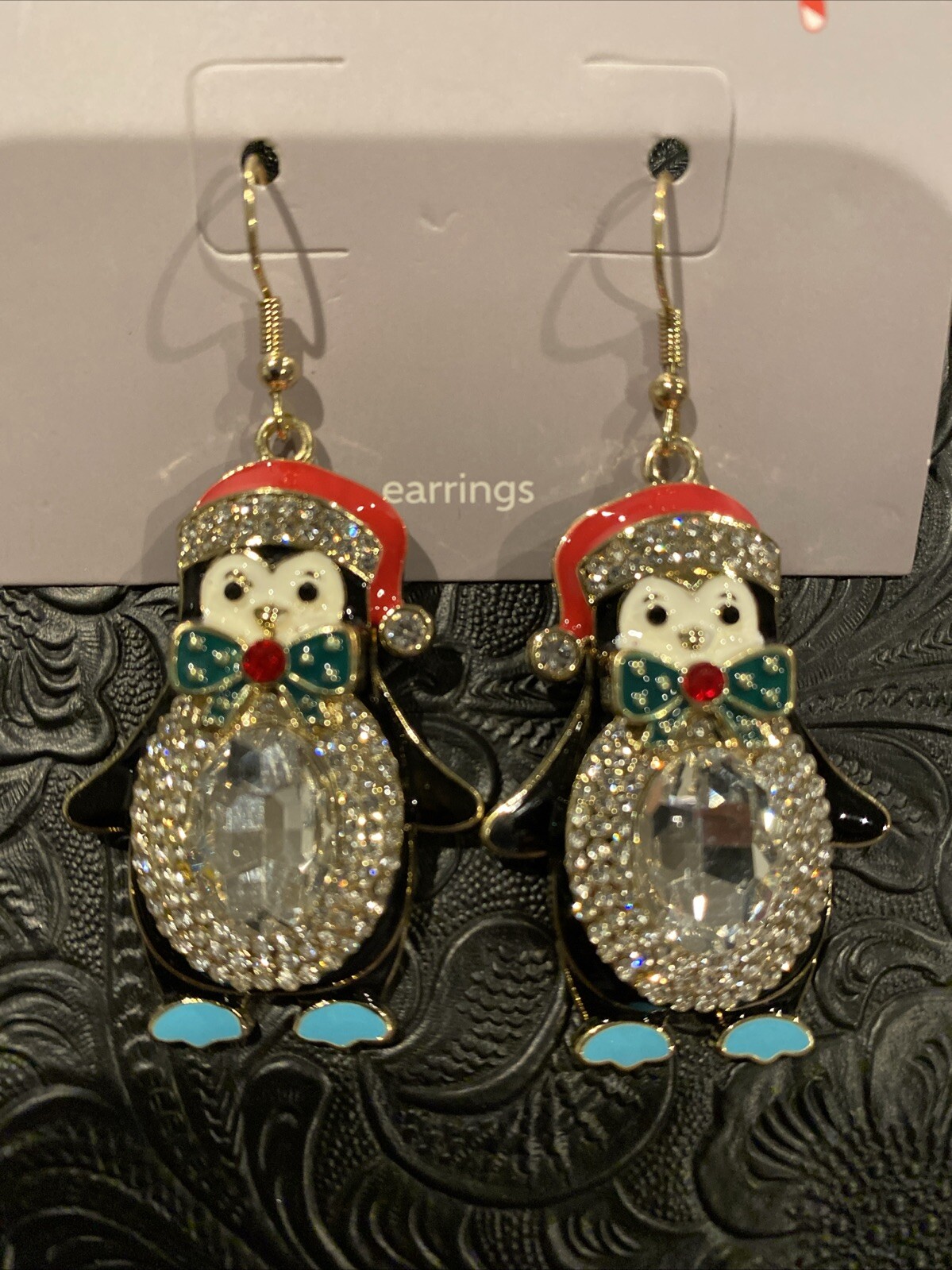 hildie & jo Penguin Earrings Rhinestones French Hook Back Christmas New