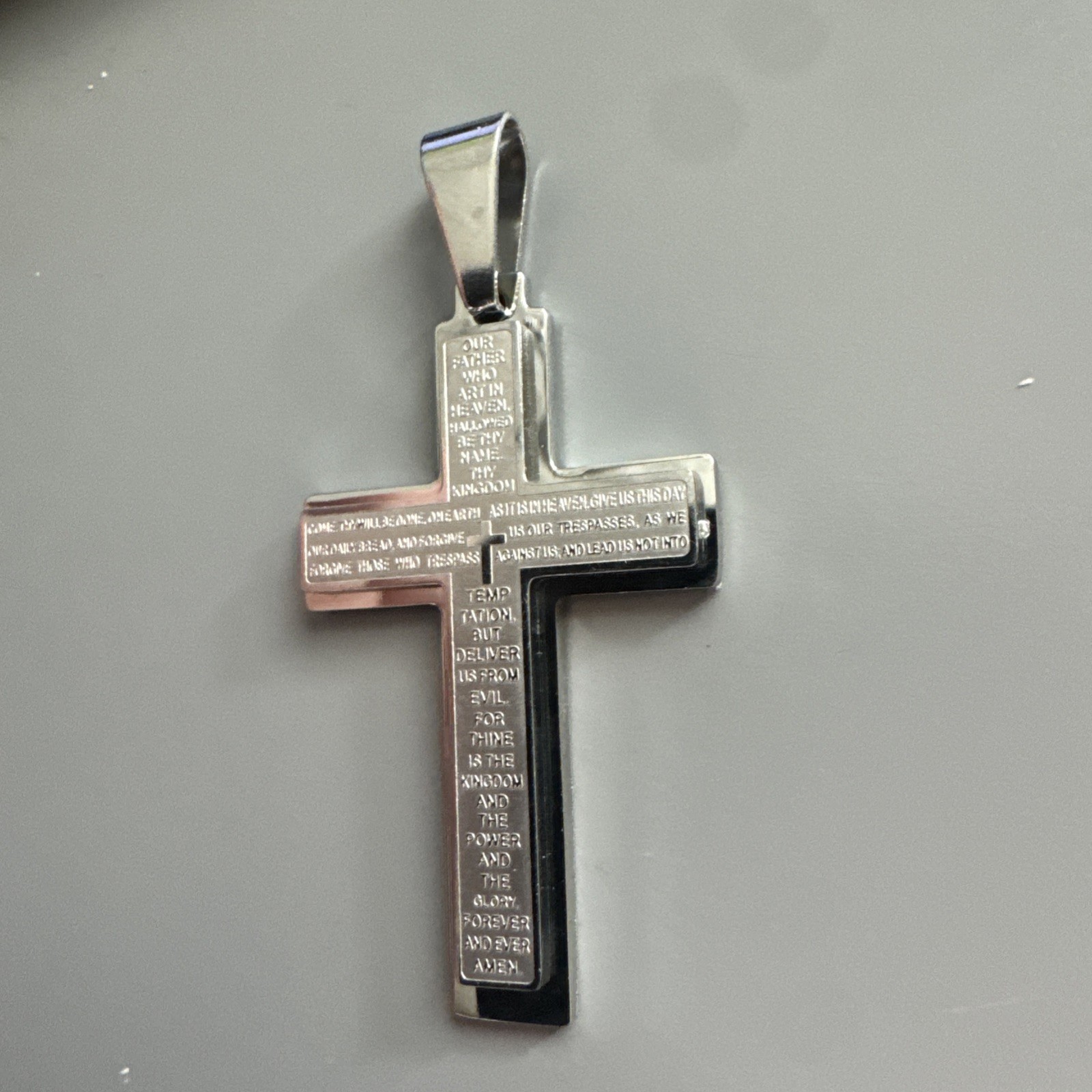 Cross Pendant Scripture Stainless Steel Silver Tone 24” Chain Faith Jesus Gift