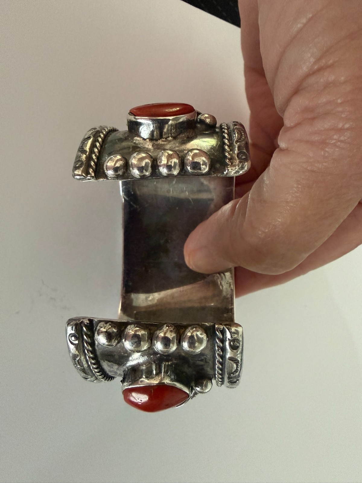 Vintage Navajo Sterling Watch Cuff Bracelet 114g Turquoise Coral 1940’s Men’s 6”
