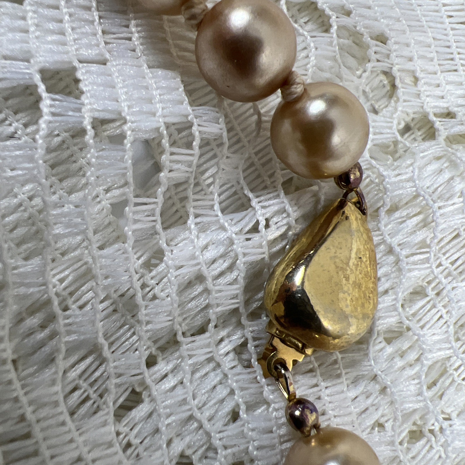 Vintage Champagne Cream Faux Pearl Hand Tied Necklace Graduated & Bracelet