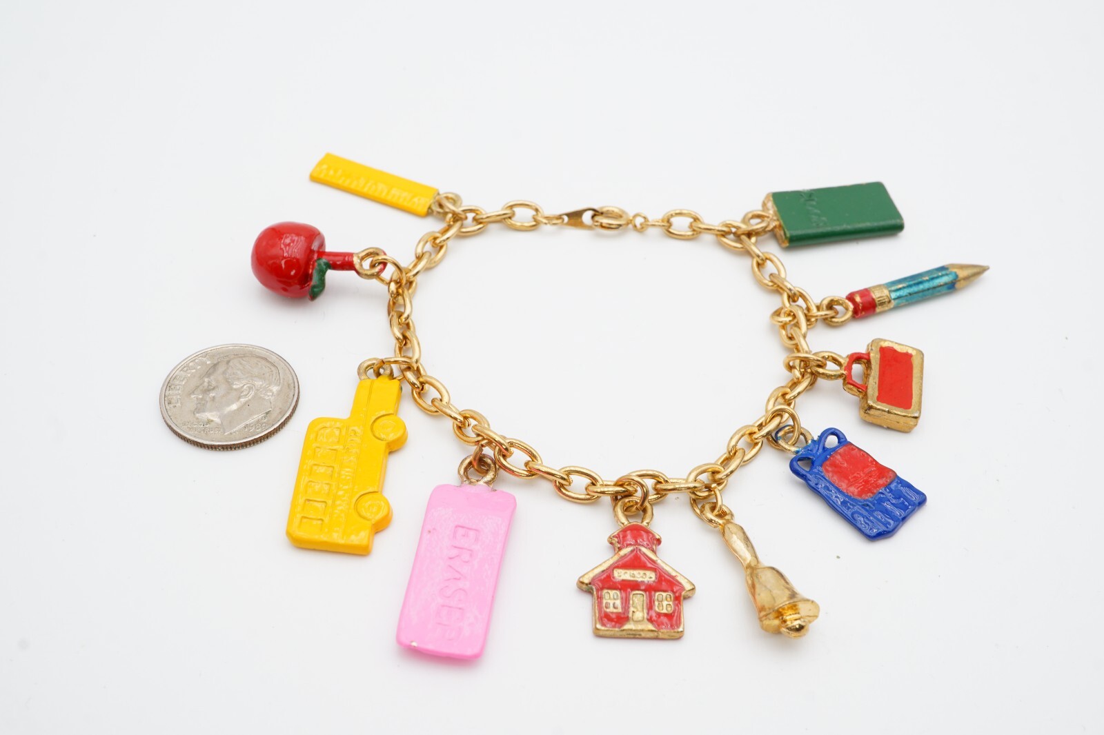 Vintage Charm Bracelet Gold Tone Enamel School Teacher 6.75″