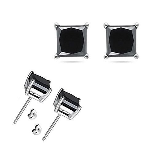 New Silver White Gold Plated 1 Carat 5MM Black Princess Cut CZ Stud Earrings