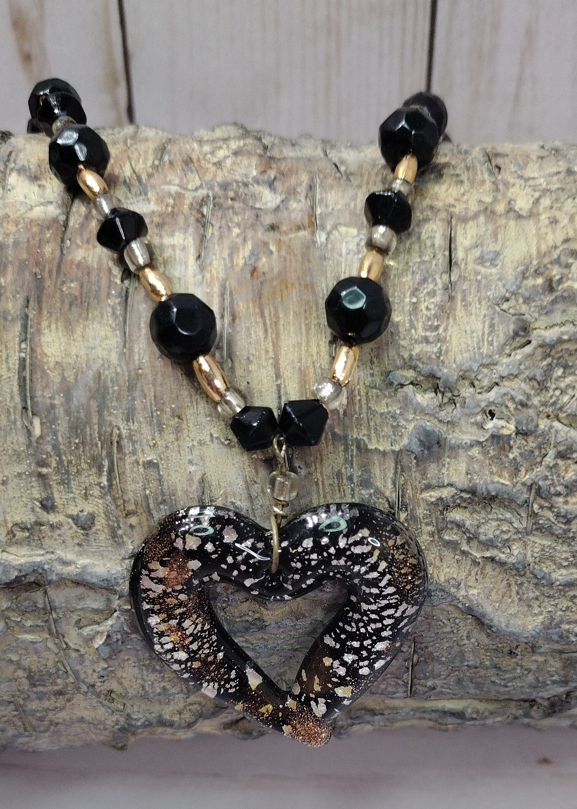 Handmade Black, Silver & Gold Glass Bead Heart Pendant Necklace 17″