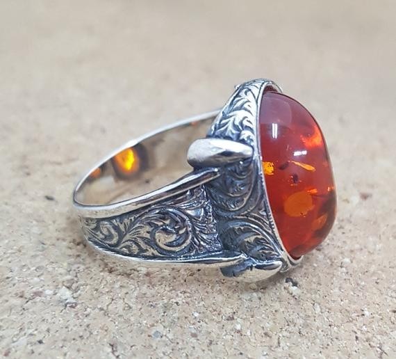 Solid 925 Sterling Silver Natural Baltic Amber Gemstone Signet Men’s Unisex Ring