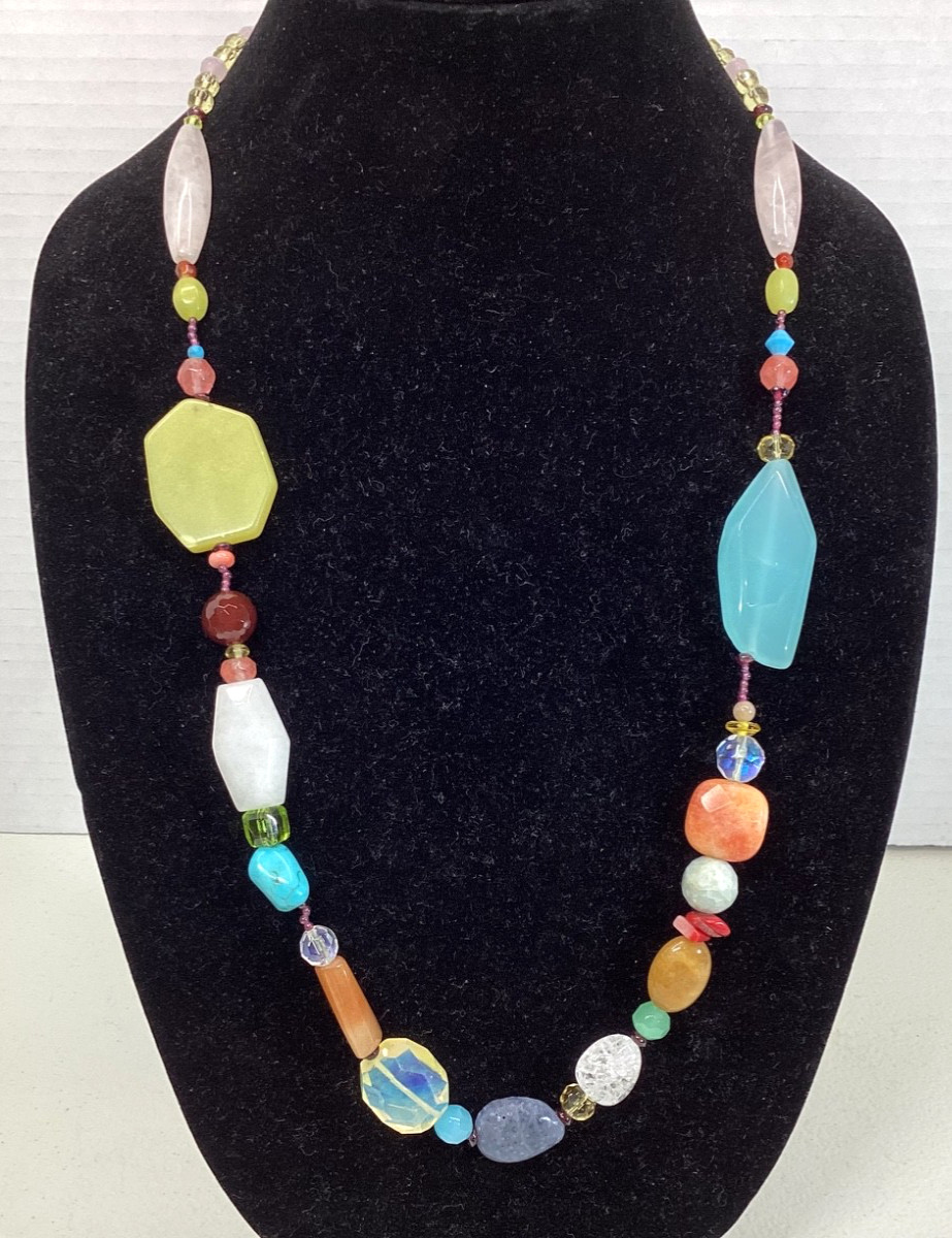 Vintage Multi-Colored Gemstone Bead Necklace Statement Various Shaped Stones 26”