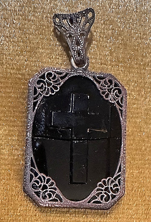 Antique Ornate Border with Black Onyx Mourning Pendant Etched Cross & Star Prism