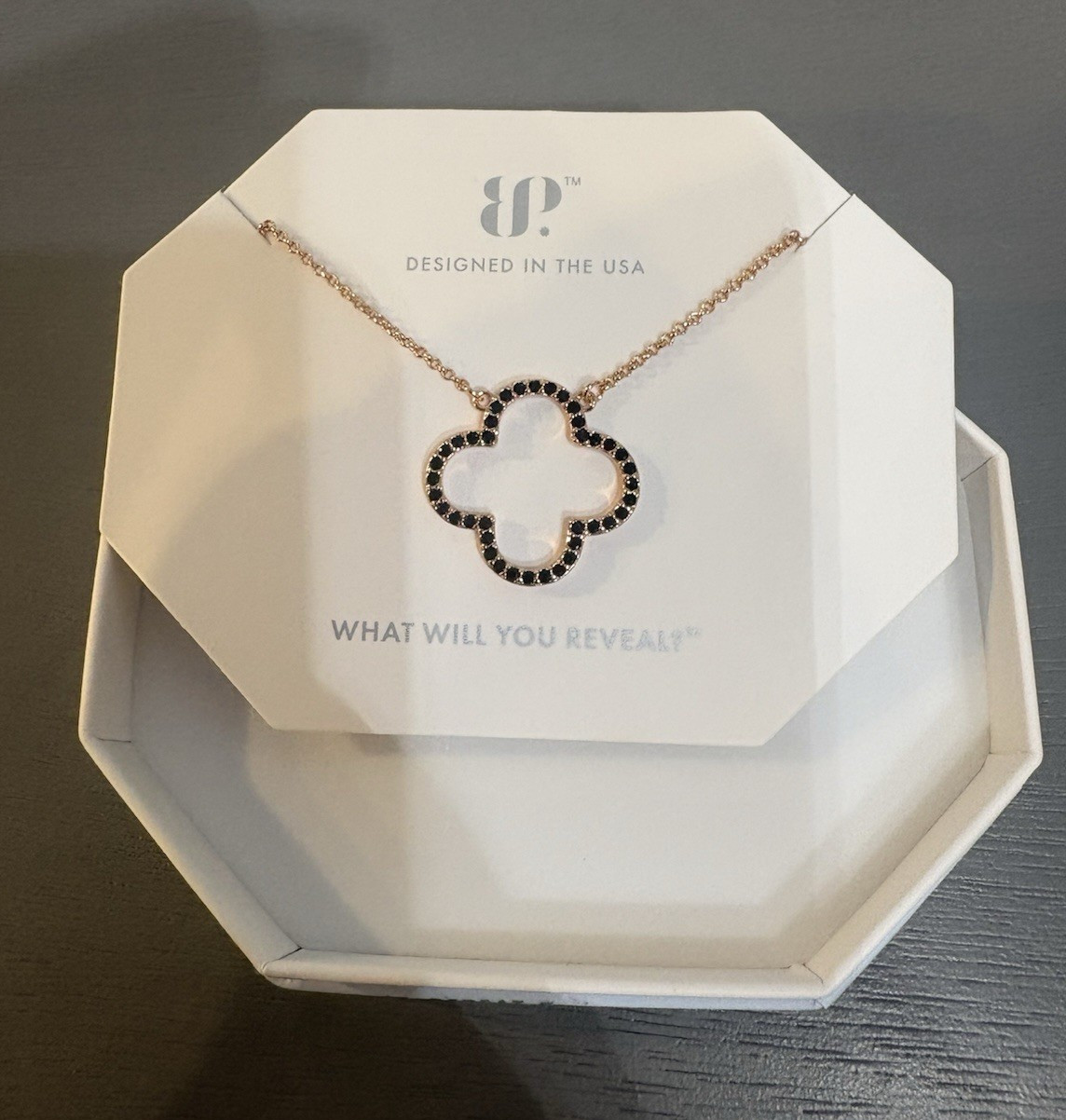 Kendra Scott Rose Gold Plated Black Onyx Clover CZ Pendant Necklace 18″ NK86042
