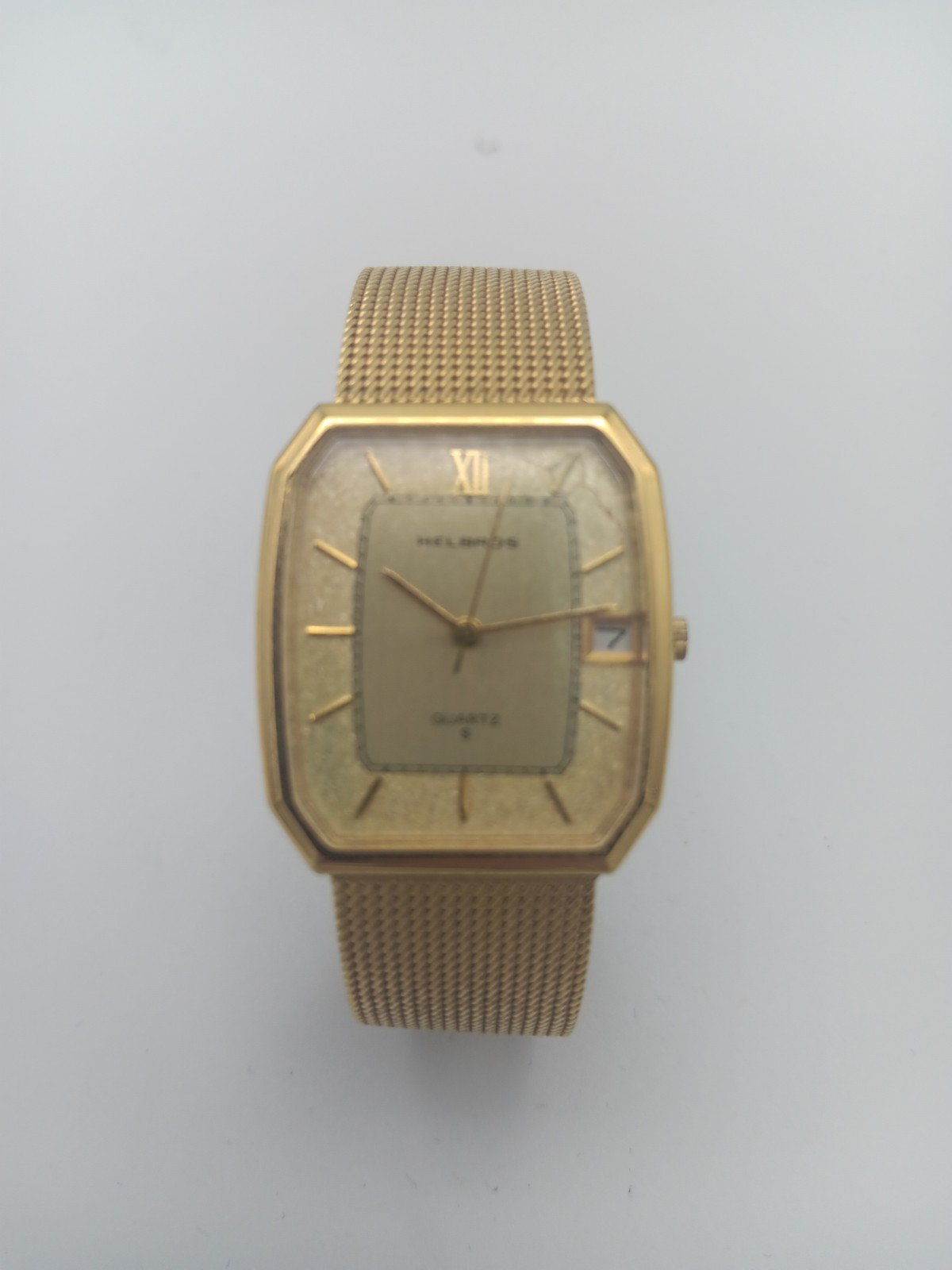 RARE Vintage Helbros Quartz Watch Mens Gold Tone Integrated Mesh Band Gold Dial.