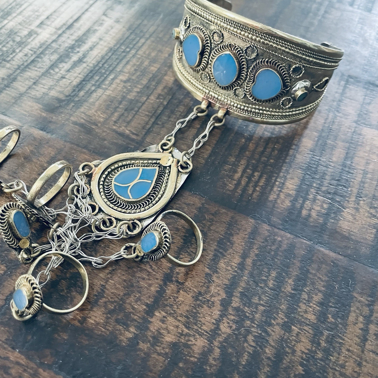 * Vintage Afghan Kuchi Lapis Lazuli Slave Bracelet 5 Finger Ring Panja Cuff 926