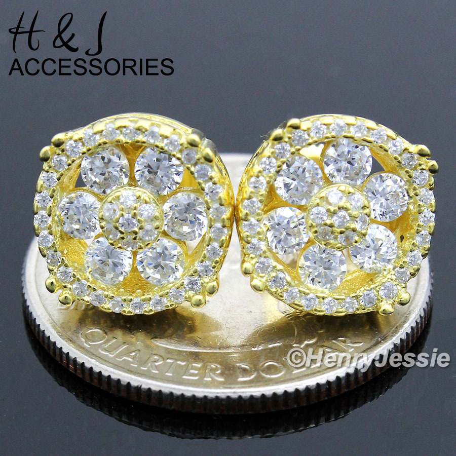 MEN 925 STERLING SILVER 11MM CZ ROUND PUSH BACK GOLD PLATED STUD EARRING*AGE71
