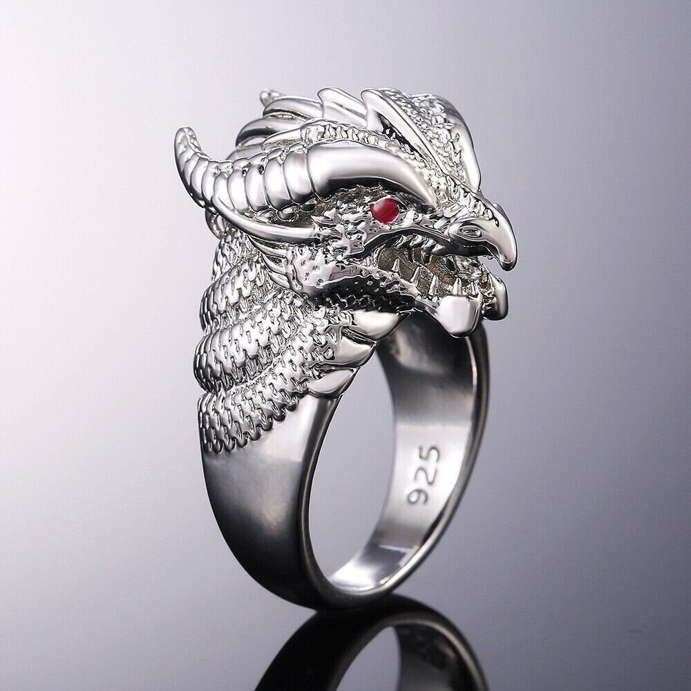 Authentic Vintage Valentine Rings 925 Silver Plated Red Eyes Dragon Head Rings
