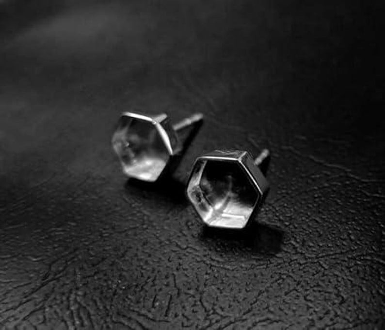 925 Sterling Silver Hexagon Bezel Stud Earrings Blank Cup for Resin Gemstone DIY