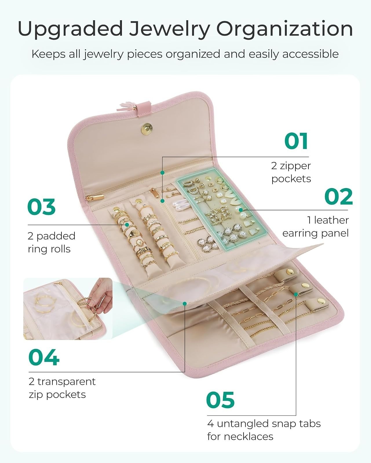 BAGSMART Travel Jewelry Case Organizer – Portable Pink Jewelry Roll