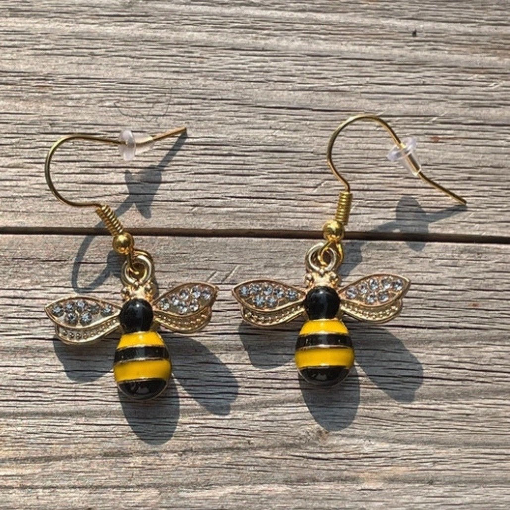 Gold Tone Metal Yellow & Black Bee Dangle Drop Hook Earrings