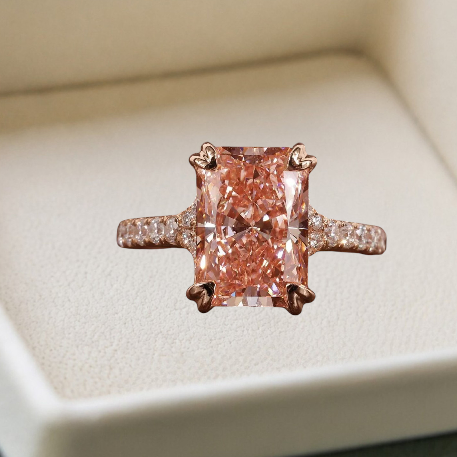 Radiant Cut 4.40 Ct IGI Lab Created Diamond Ring 14k Rose Gold Fancy Vivid Pink