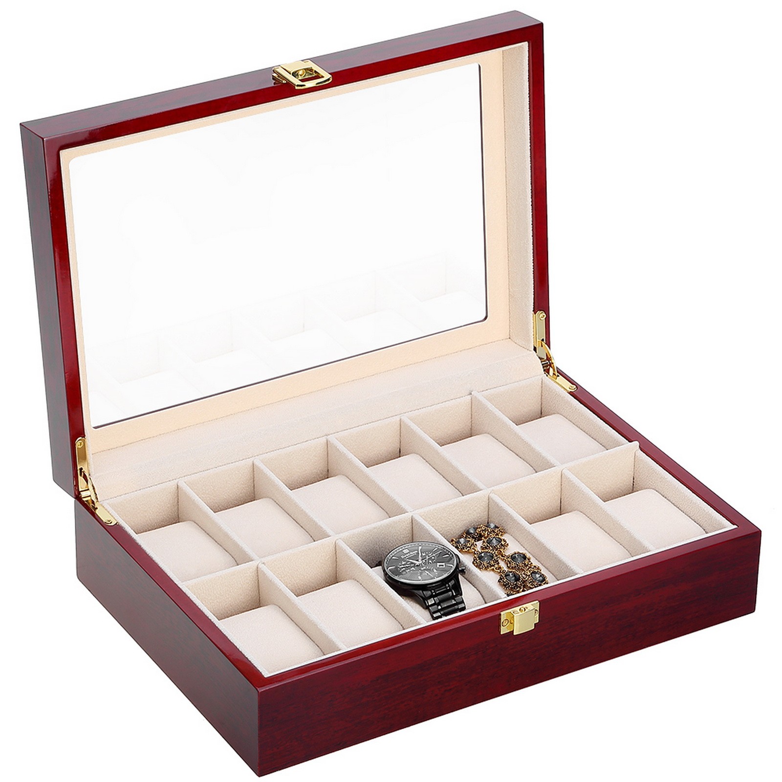 3/6/10/12 Slot Wooden Watch Box Glass Lid Jewelry Organizer Display Case Gift