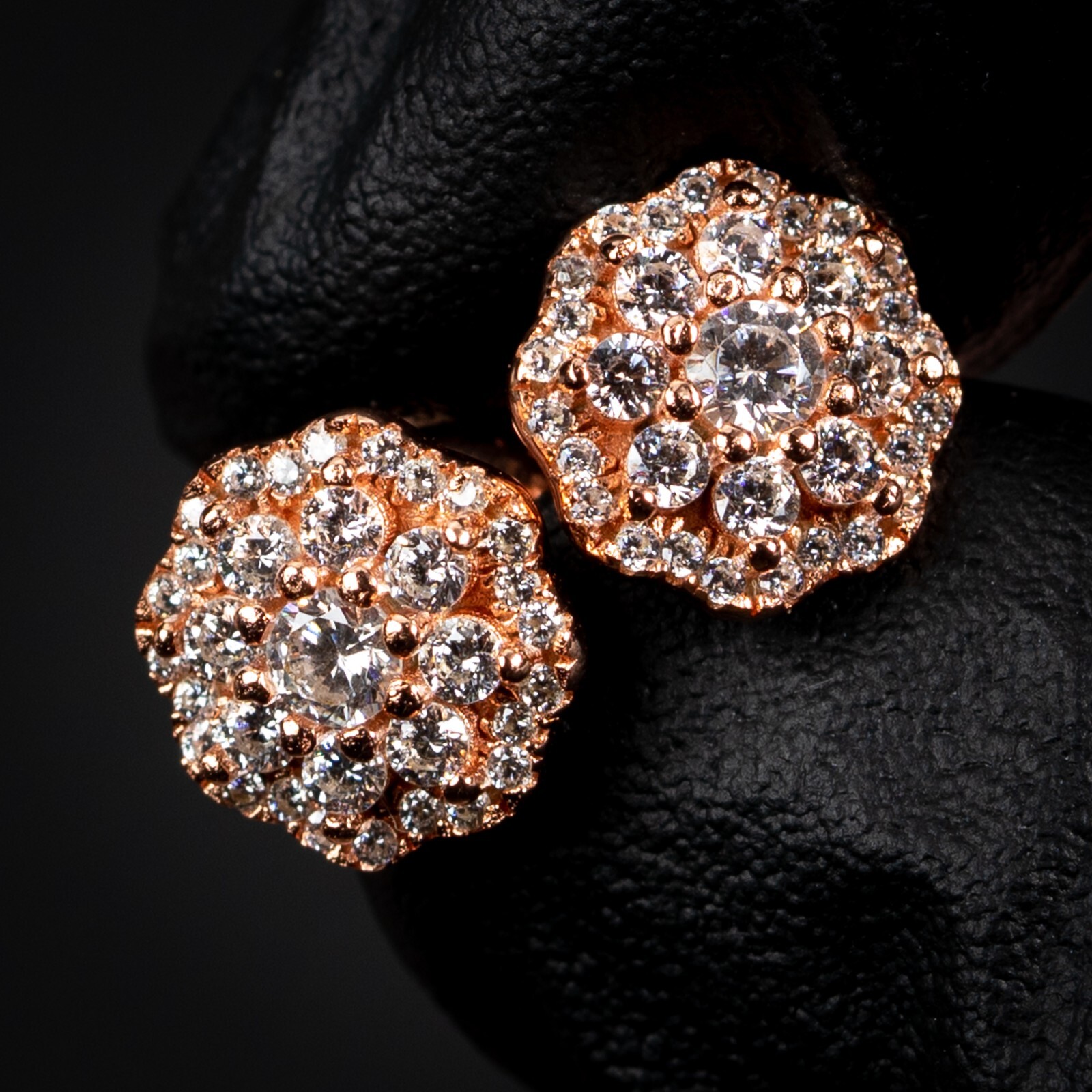 Iced Pink CZ Rose Gold Sterling Silver Flower Cluster Hip Hop Stud Earrings