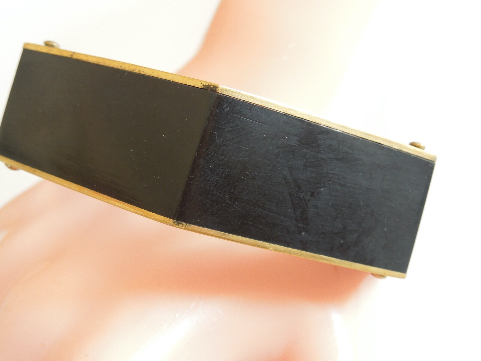 Vintage Bangle Brass & Wood? Hexagonal 31.8 G/Ø 6.6 Cm/B:2.0 Cm