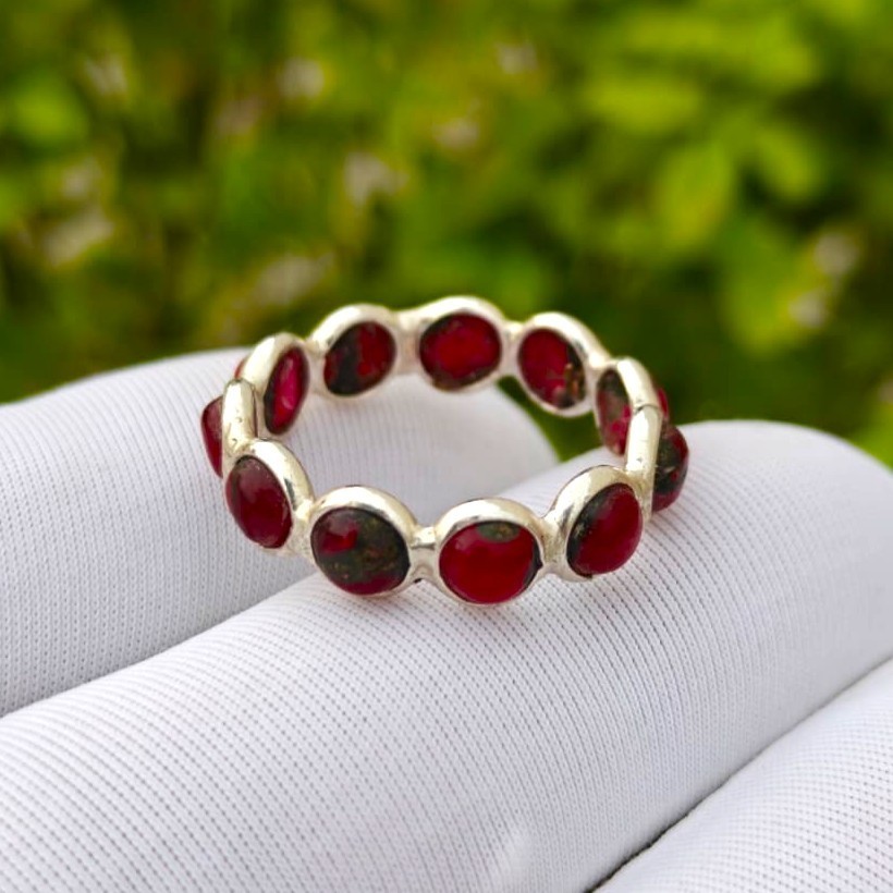 Handmade Red Copper Turquoise Sterling Silver Full Eternity Band Ring