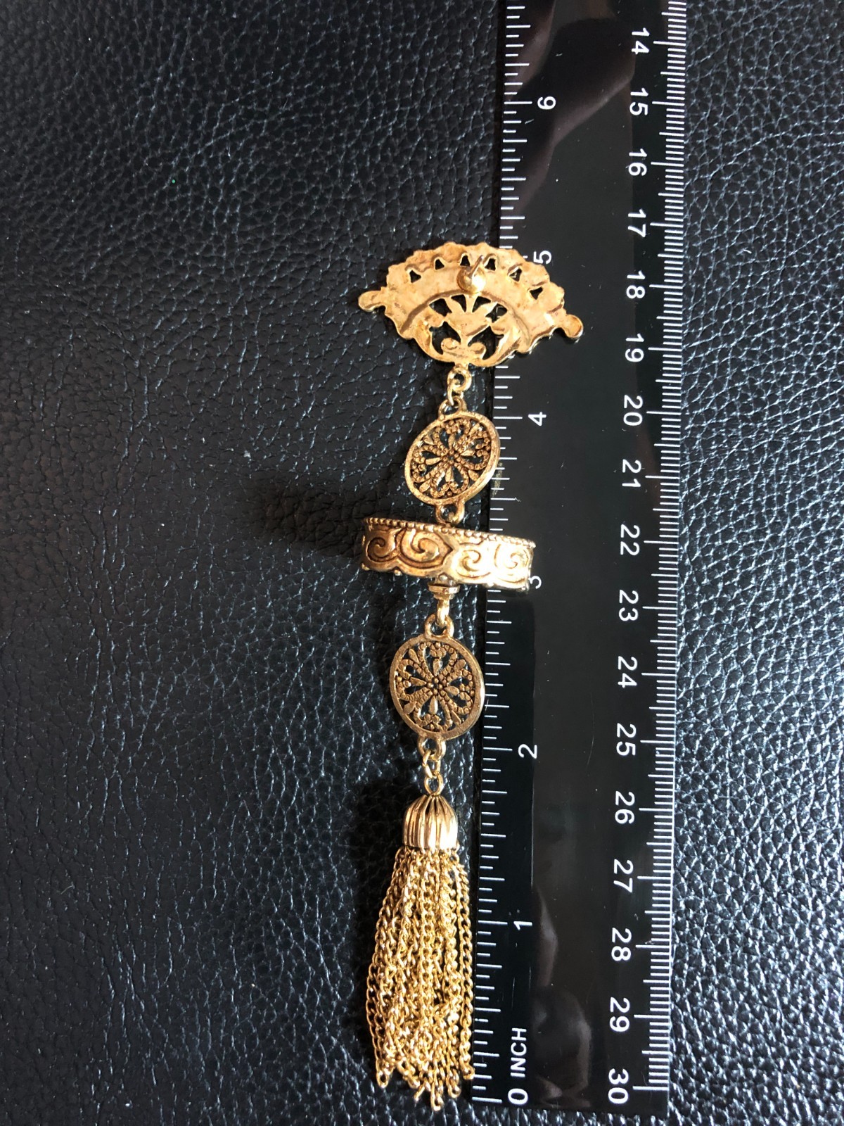 Vintage JJ Jonette Gold Earrings Fan Filigree Tassel Statement Artifacts 5″ 8429