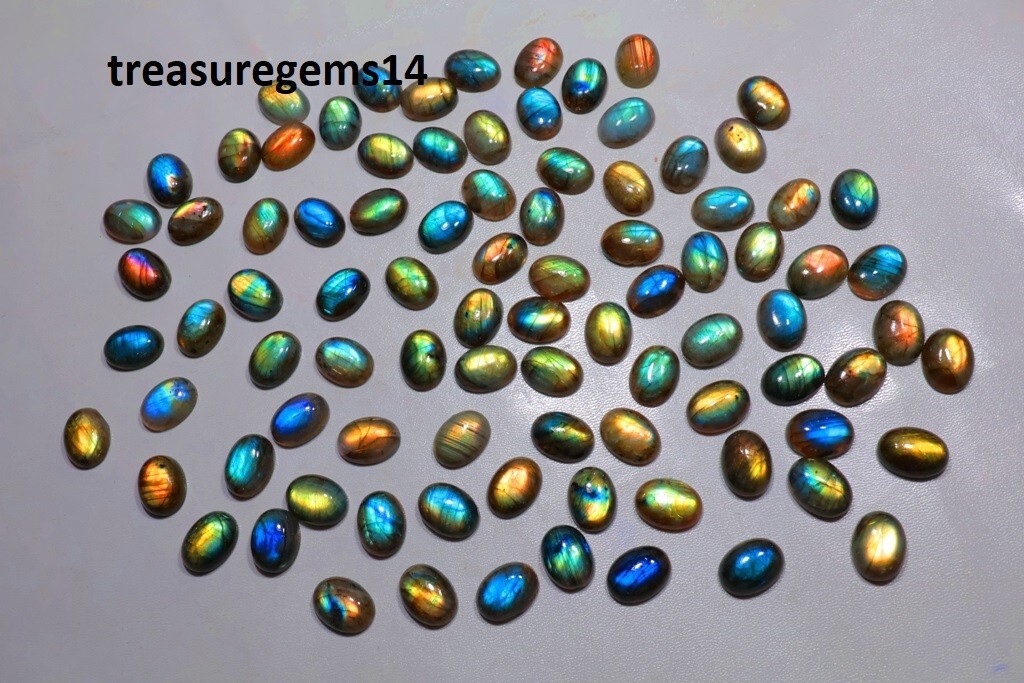 150 CT WHOLESALE LOT NATURAL MULTI FIRE LABRADORITE 7X9 mm OVAL CABOCHON