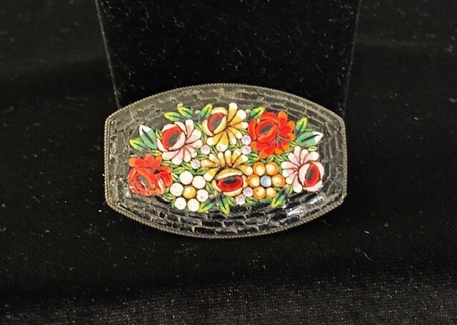 Vintage ITALY Black Red White Glass MICRO MOSAIC Oval FLORAL Pin Brooch 2″L