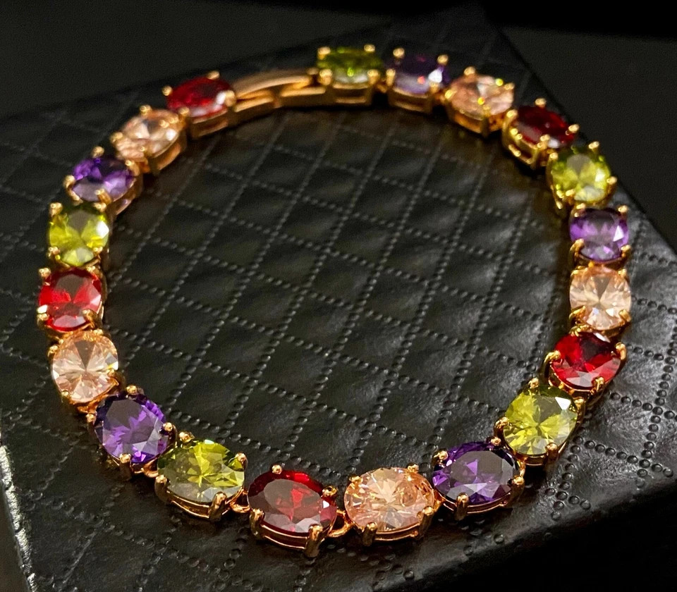 18K Gold Plated 30 CTW Gemstone Tennis Multicolor Bracelet Birthday Jewelry