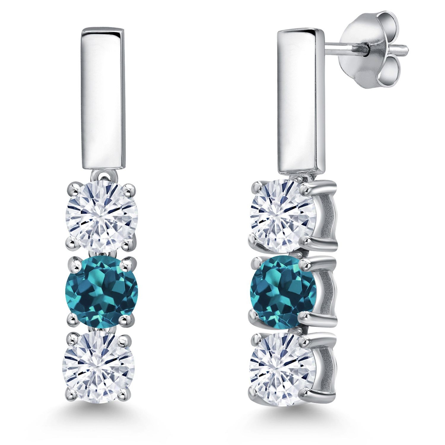 925 Sterling Silver London Blue Topaz Earrings Set with Moissanite (1.70 Cttw)