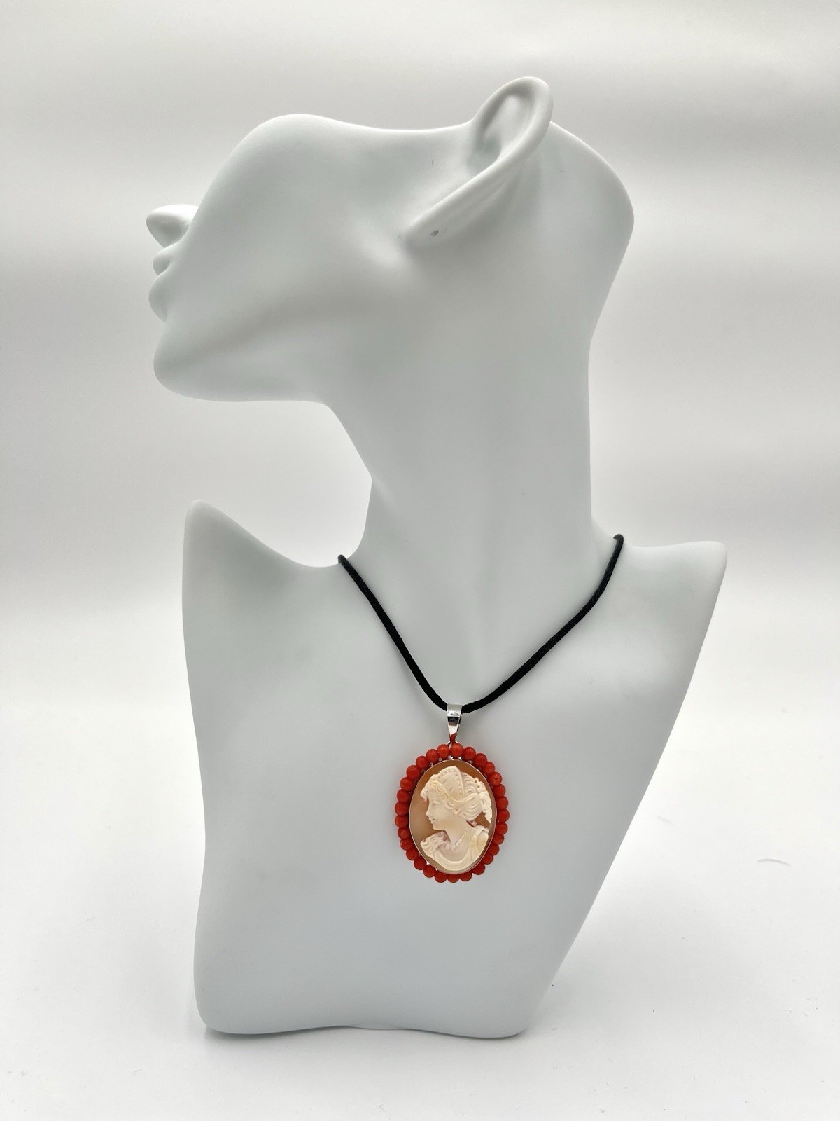 Cameo Corniola Shell Pendant 30mm Silver 925 Red Coral Handmade