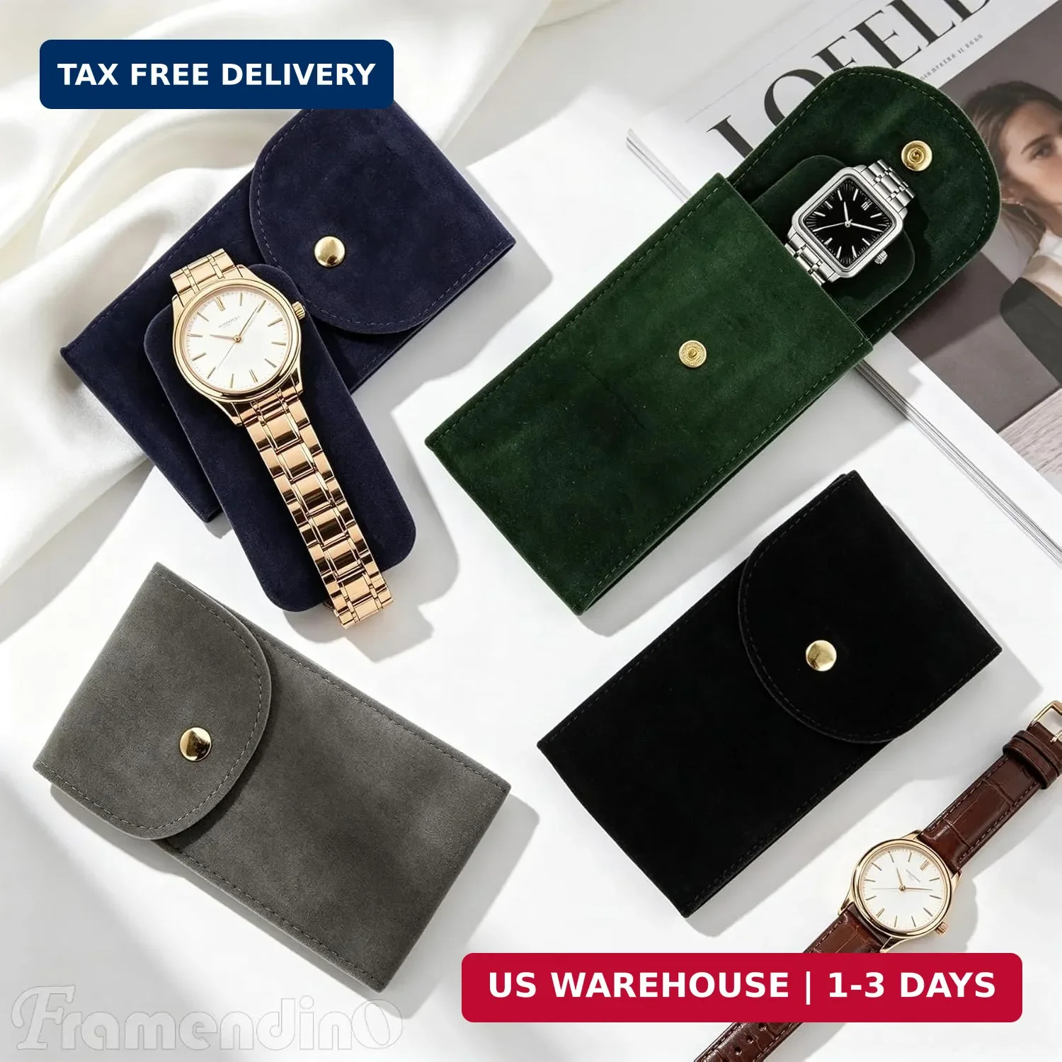 Framendino, 4 Pack Velvet Watch Pouch with Snap Button Single Portable Travel Ca