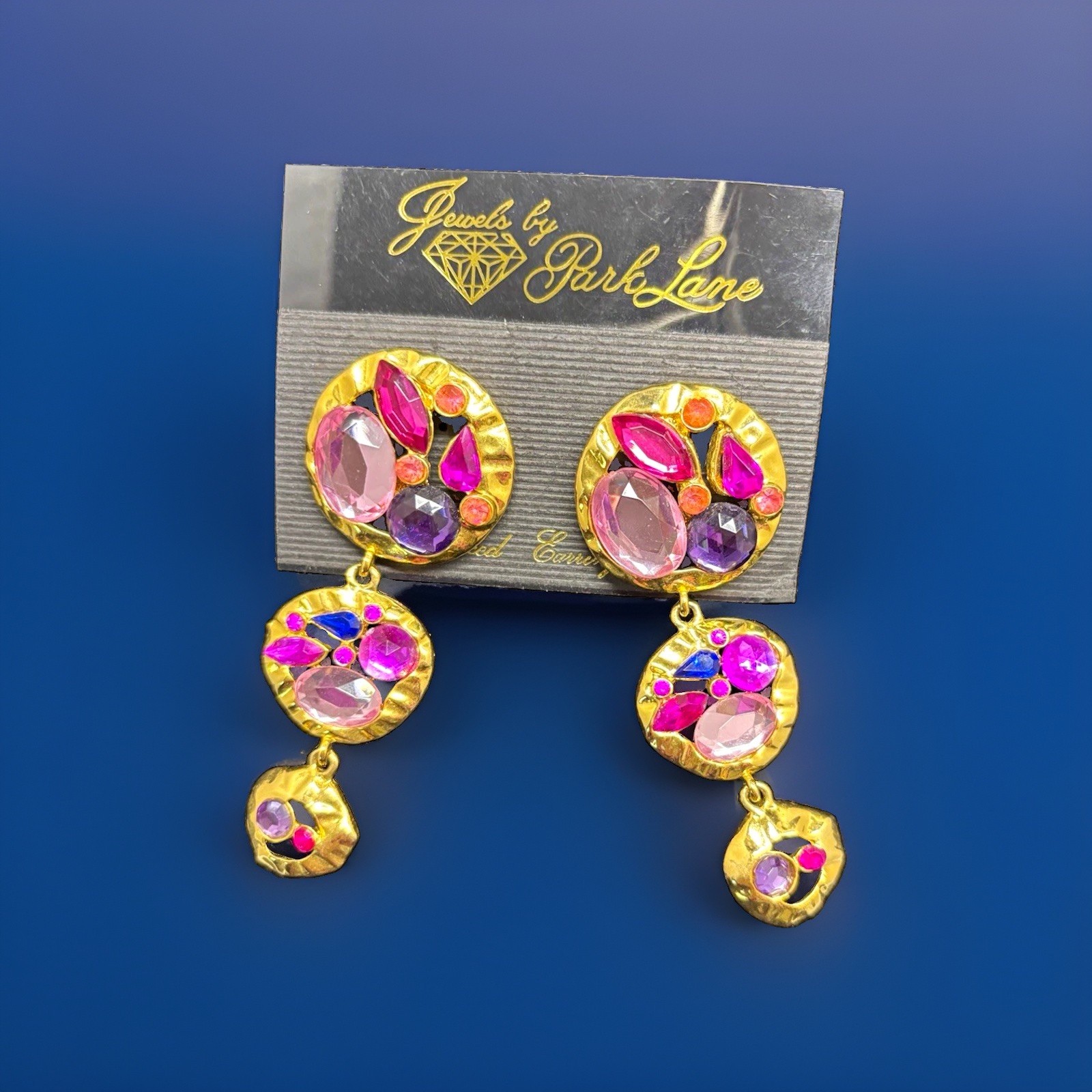 Park Lane Gold Tone Pink & Purple Crystal Dangle Drop pierced Earrings
