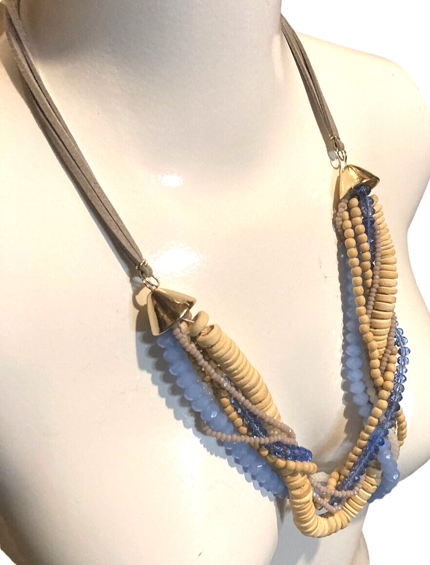 NWT NYC Lydell bohemian boho statement unique necklace blue yellow tangle beaded
