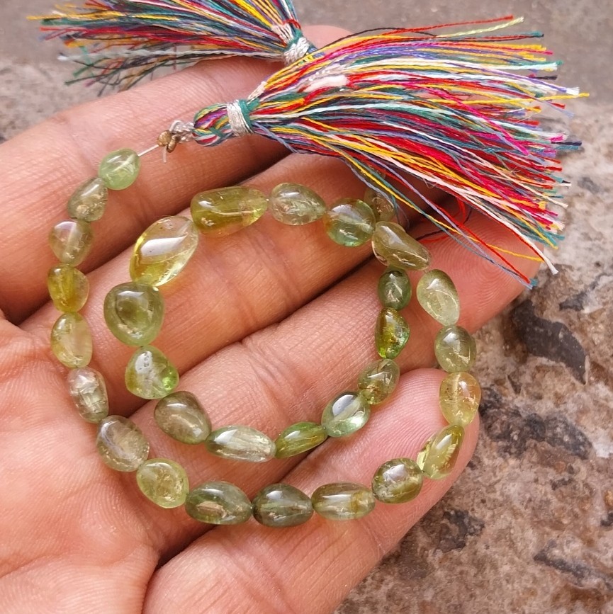 56 Carat 5×6 to 6.5×7 MM Natural Green Bi Color Tourmaline Tumble 10 Inch Beads
