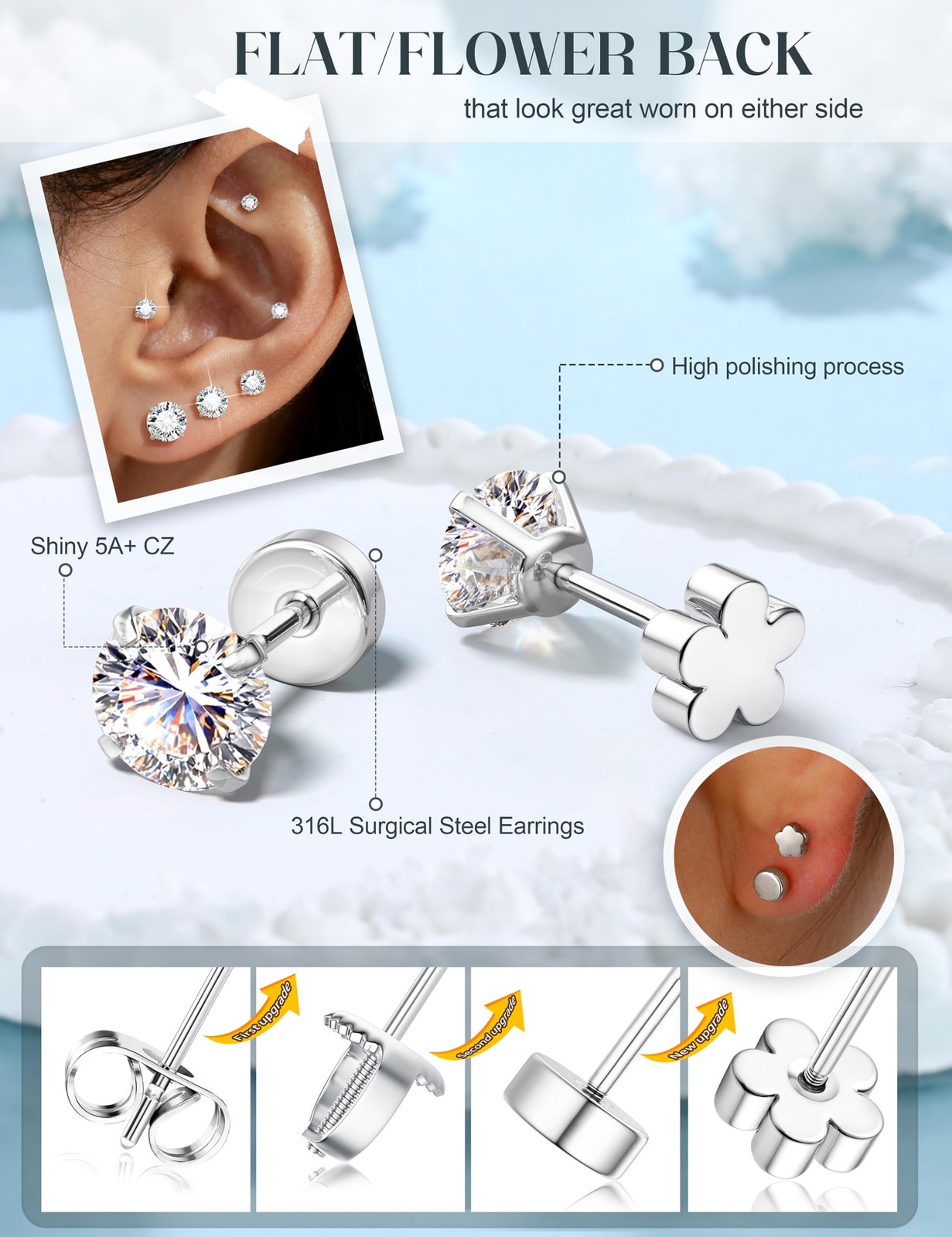 20G Hypoallergenic Flat Back Earrings for Women Men Silver 14K Gold Stainless…
