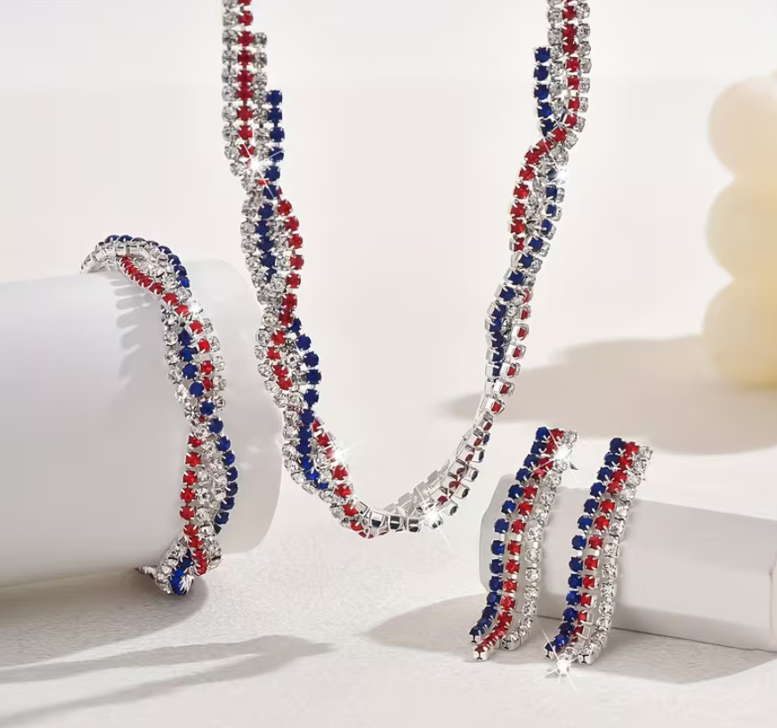 NEW RED WHITE BLUE RHINESTONE EARRING NECKLACE TWISTBRACELET SET USA FLAG DESIGN
