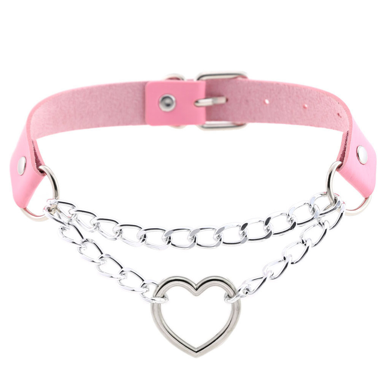 Women Girls Heart Ring Chain Leather Choker Punk Rock Collar Necklace Adjustable
