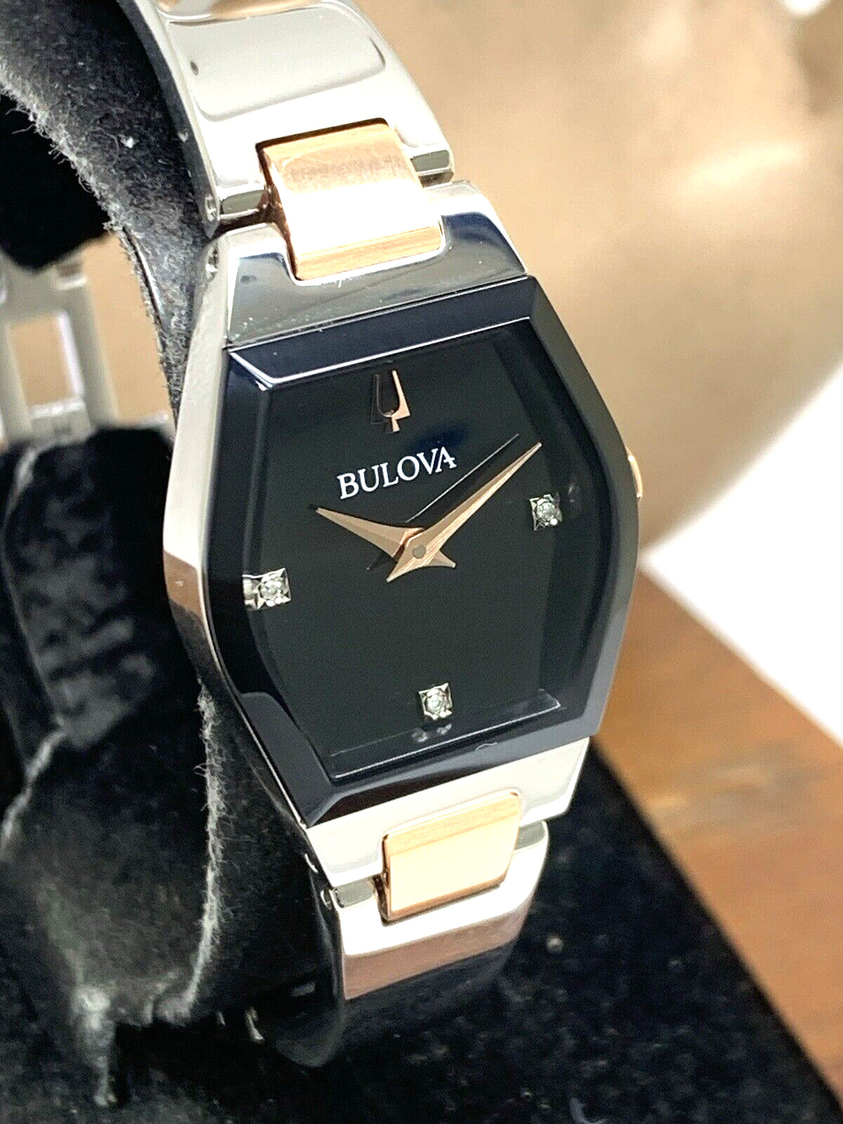 Bulova Womens Watch 98P216 Gemini Diamond Black Dial 2-Tone Quartz Petite 22.5mm