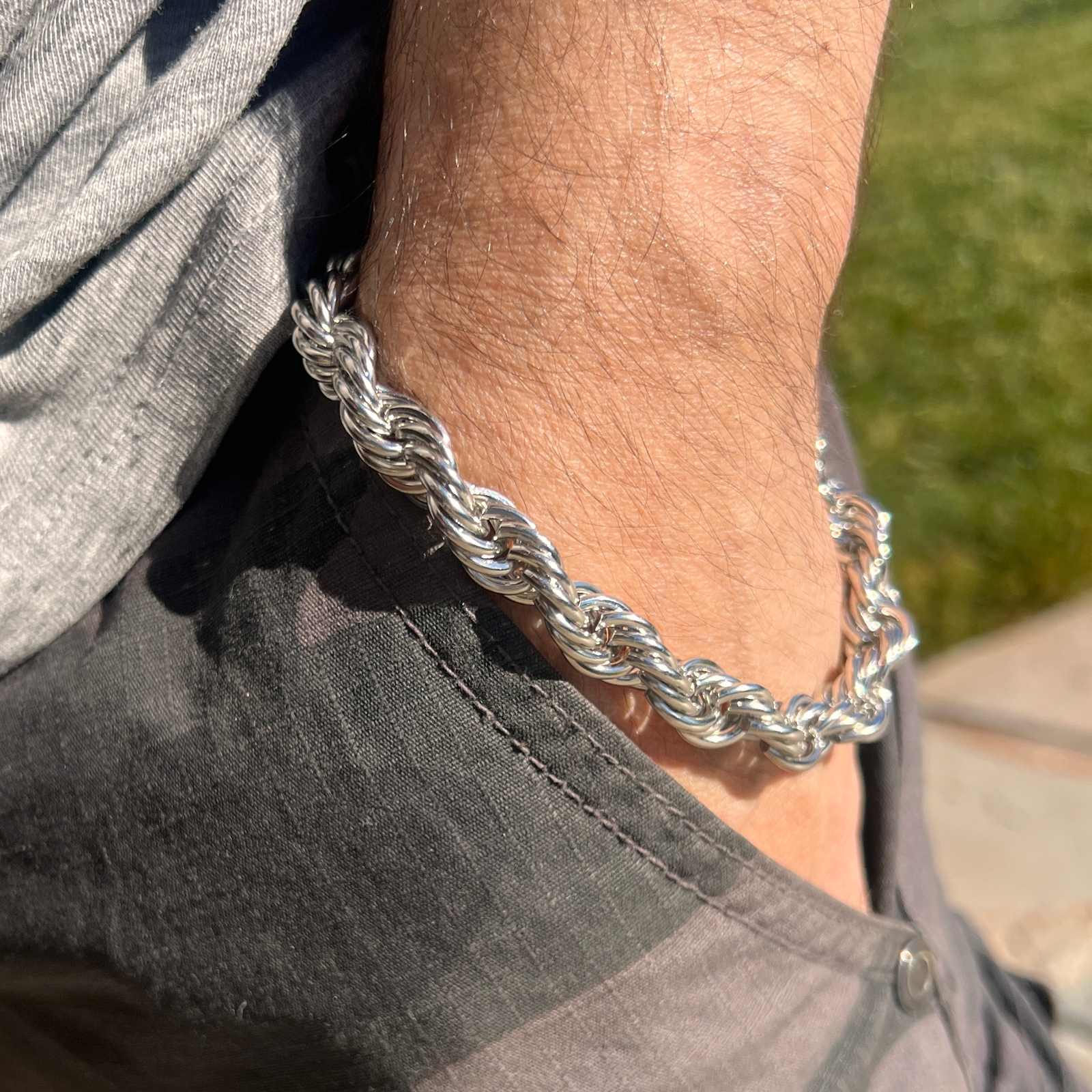 Large Men’s Big Rope Chain Hip Hop Bracelet Silver Tone 10MM Thick 10″ Inches