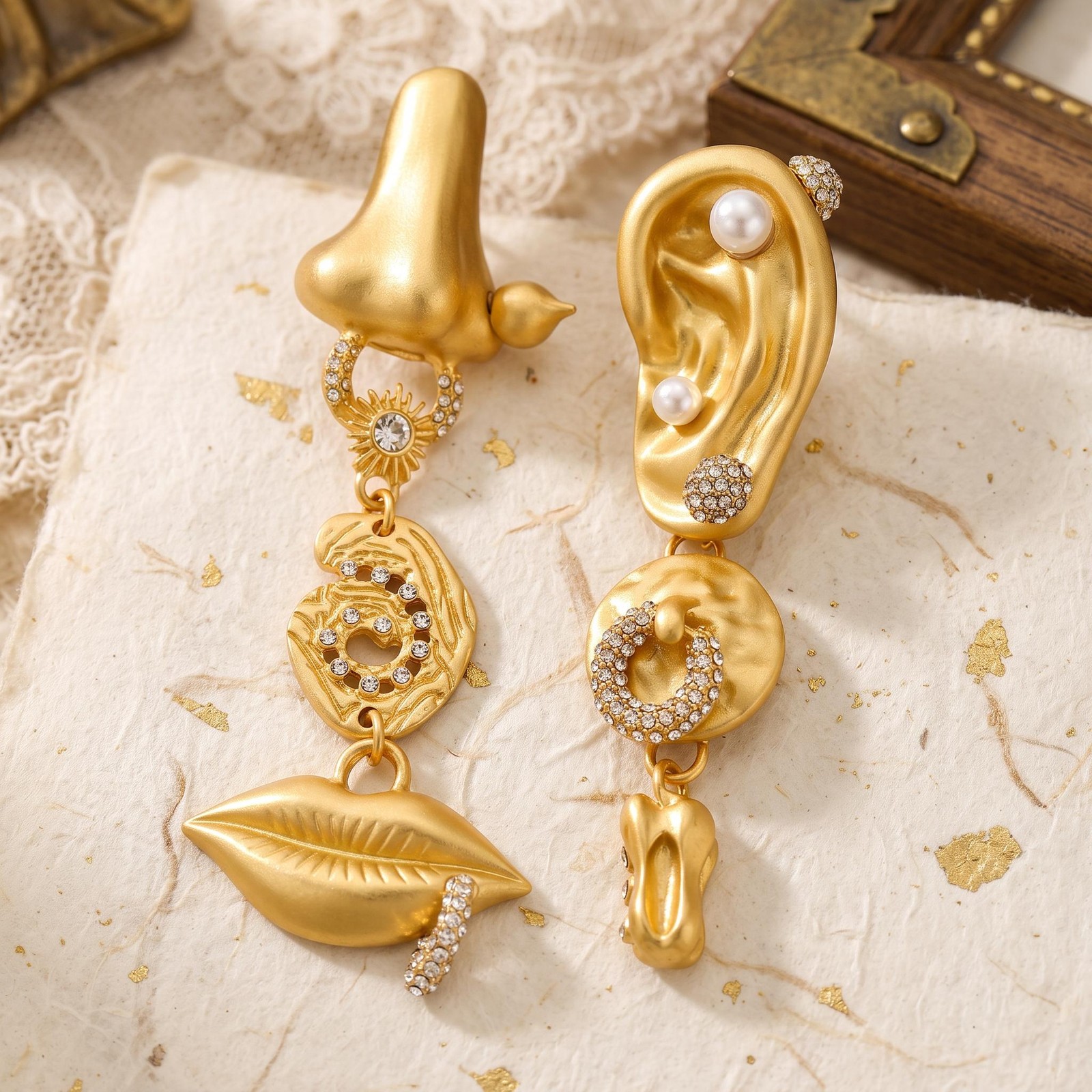 Gold Face Earrings Nose Ear Lip, Schiaparelli Style Asymmetrical Dangle