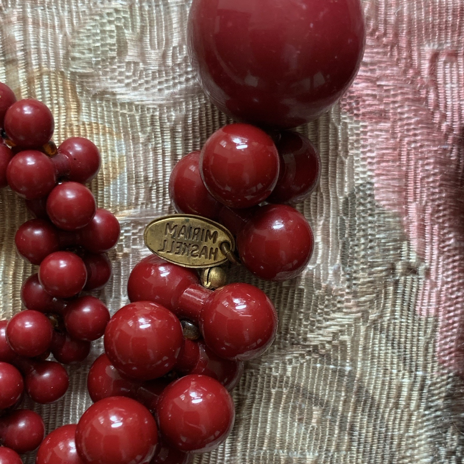 Miriam Haskell Red Signed Beaded Strand Ball/Bead Chain Necklace